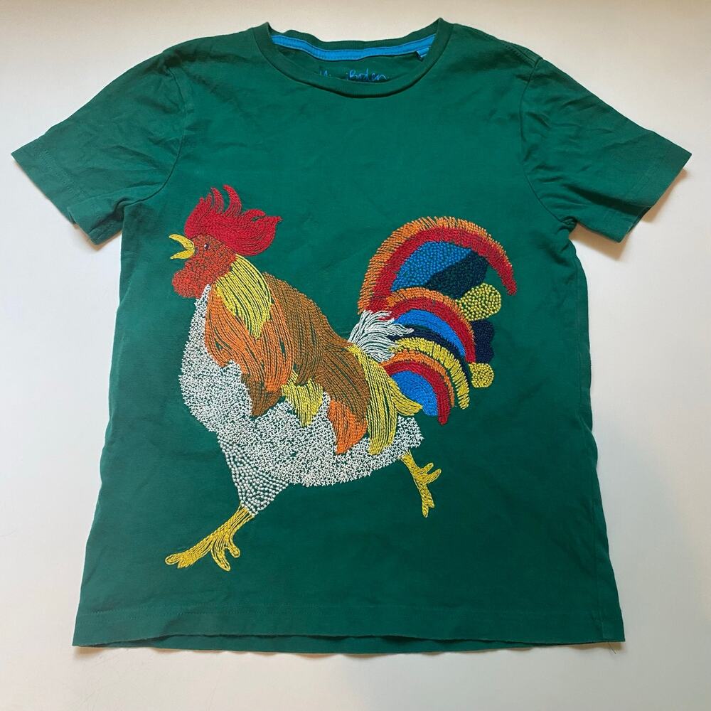 Mini Boden Green Rooster Superstitch Embroidered  Short Sleeve Shirt